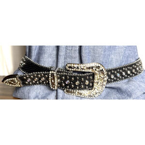 Fancy Bejeweled Cowgirl Belt Leather Black Silver Size M/L Bling Accessory EUC